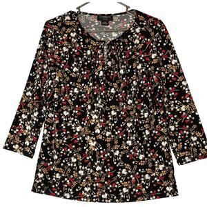 Liz Claiborne Career Black Floral Basic Top Keyhole Blouse Women’s Petite Medium